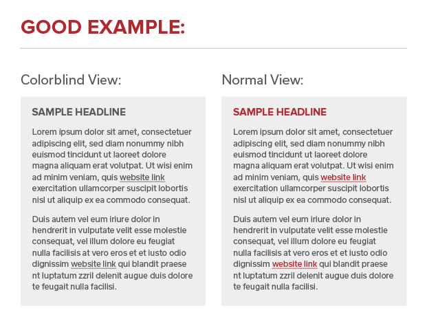 Comparison between colorblind and normal view with links underlined and easily distinguishable from surrounding content.  